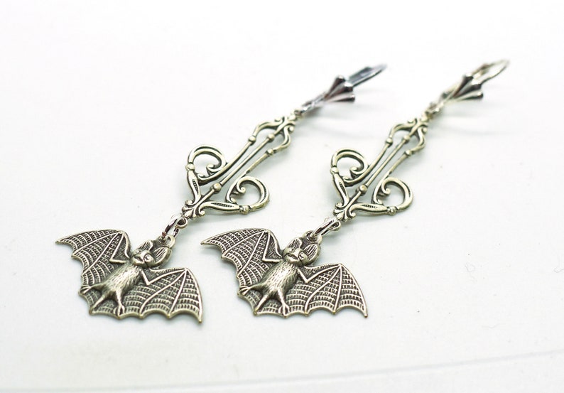 Belfry Bats // Silver Plated Bat Long Drop Hanging Earrings w/ Beautiful Victorian Filigree Gothic Goth Gothcore Witchy Halloween Edwardian image 8