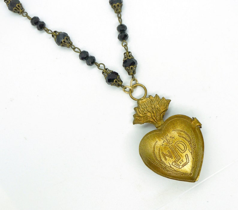Sacred Heart Locket // Gold Ex Voto Locket Necklace Jet Czech Glass Long Chain Statement Piece Layering Religious Notre Dame Goth Gothic image 4