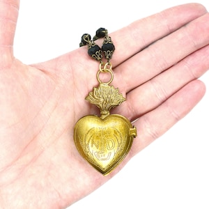 Sacred Heart Locket // Gold Ex Voto Locket Necklace Jet Czech Glass Long Chain Statement Piece Layering Religious Notre Dame Goth Gothic image 7