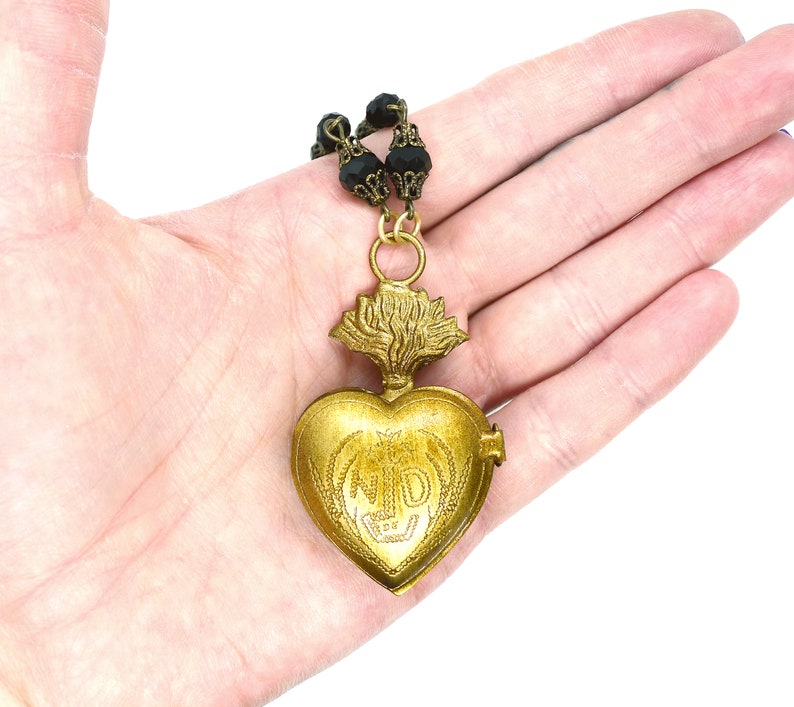 Sacred Heart Locket // Gold Ex Voto Locket Necklace Jet Czech Glass Long Chain Statement Piece Layering Religious Notre Dame Goth Gothic image 7