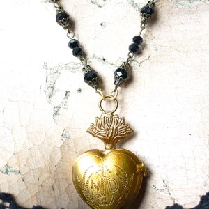 Sacred Heart Locket // Gold Ex Voto Locket Necklace Jet Czech Glass Long Chain Statement Piece Layering Religious Notre Dame Goth Gothic image 10