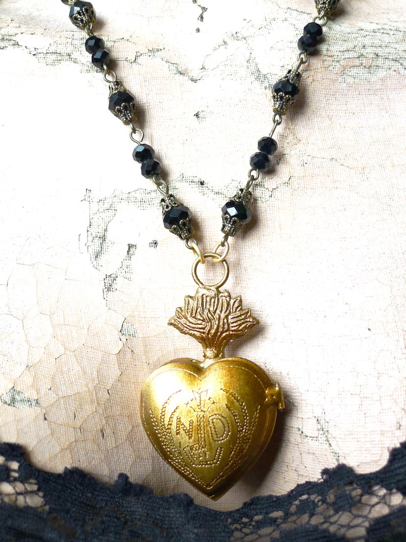 Sacred Heart Locket // Gold Ex Voto Locket Necklace Jet Czech Glass Long Chain Statement Piece Layering Religious Notre Dame Goth Gothic image 10