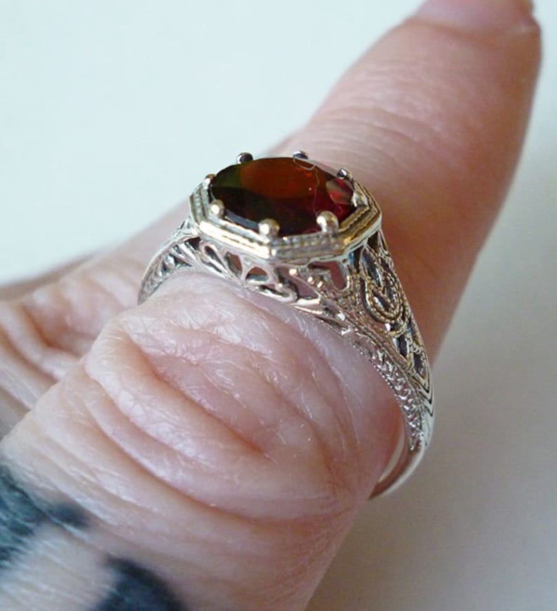 Garnet Solitaire Ring in Sterling Silver Filigree Antique Victorian Edwardian Nouveau Deco Gothic Bohemian Engagement Birthstone Gypsy