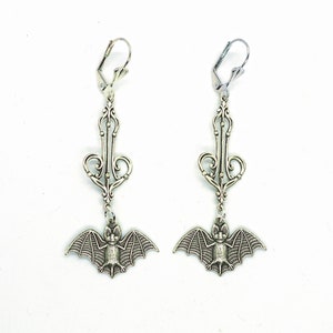 Belfry Bats // Silver Plated Bat Long Drop Hanging Earrings w/ Beautiful Victorian Filigree Gothic Goth Gothcore Witchy Halloween Edwardian image 6