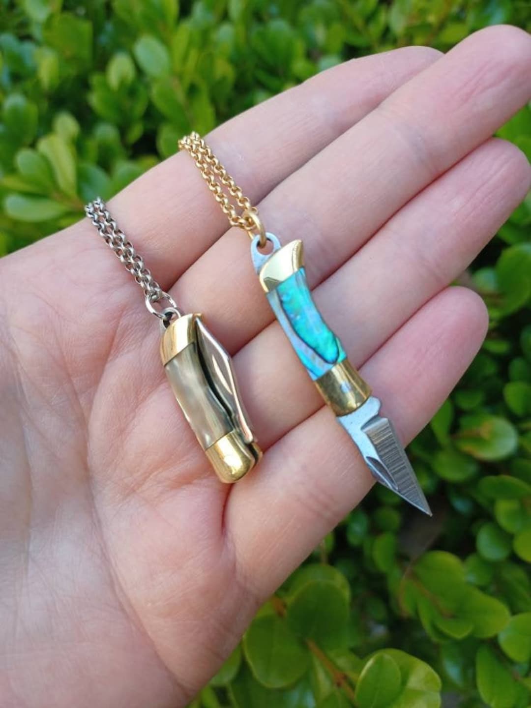 Tiny Hunter // Miniature Pocket Knife Necklace Pendant Abalone Shell