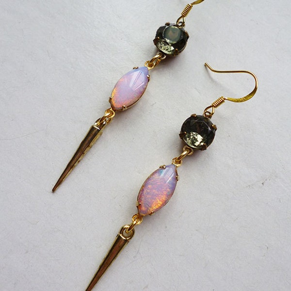 Sleek 2 Stone Spike Earrings, Vintage Black Diamond Gems, Vintage Marquise Pink Fire Opals, Gold Spikes // 1950s Retro Mod Chic Girly Punk