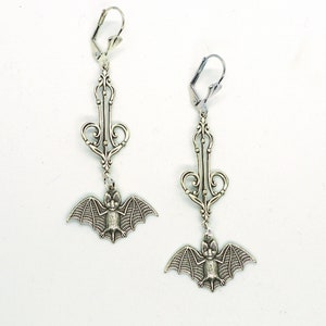 Belfry Bats // Silver Plated Bat Long Drop Hanging Earrings w/ Beautiful Victorian Filigree Gothic Goth Gothcore Witchy Halloween Edwardian image 4