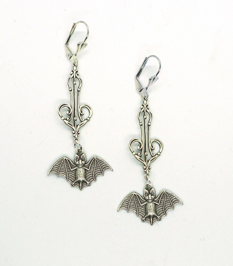 Belfry Bats // Silver Plated Bat Long Drop Hanging Earrings w/ Beautiful Victorian Filigree Gothic Goth Gothcore Witchy Halloween Edwardian image 4