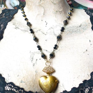 Sacred Heart Locket // Gold Ex Voto Locket Necklace Jet Czech Glass Long Chain Statement Piece Layering Religious Notre Dame Goth Gothic image 9