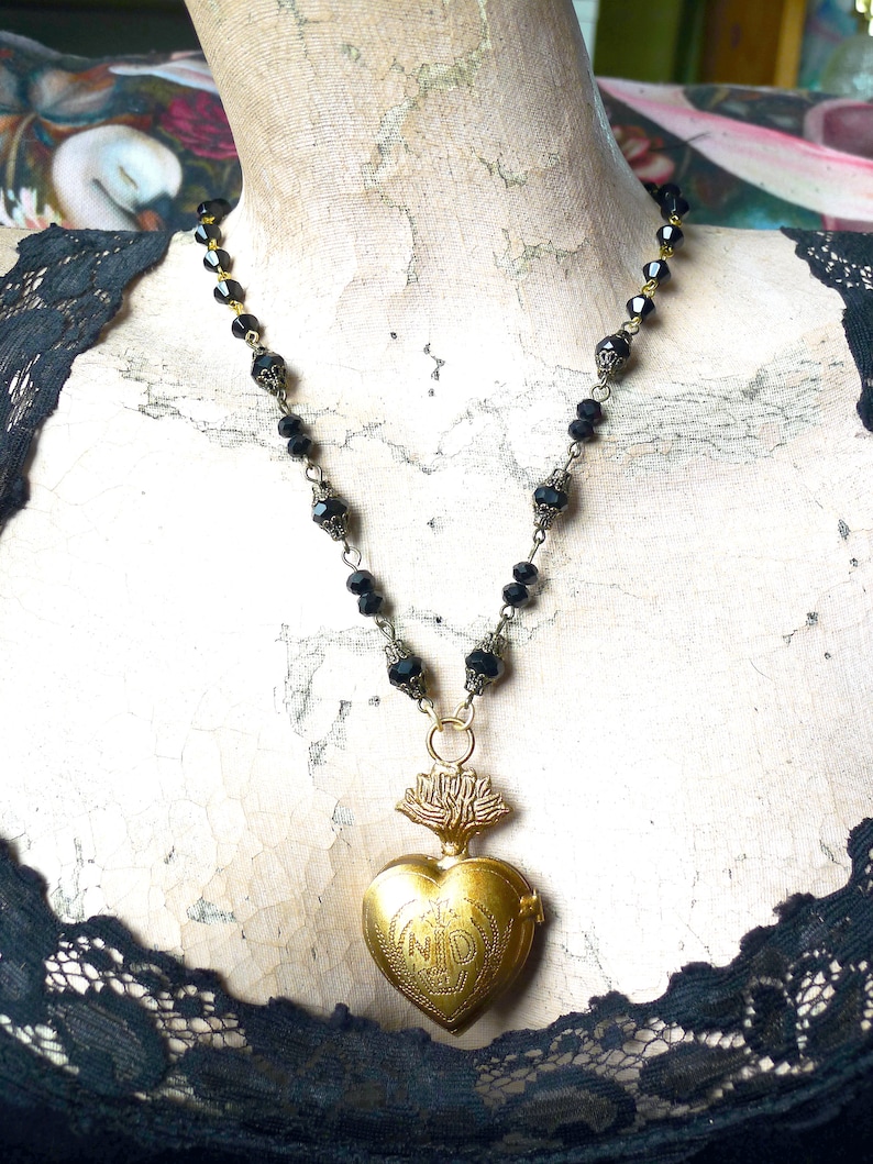 Sacred Heart Locket // Gold Ex Voto Locket Necklace Jet Czech Glass Long Chain Statement Piece Layering Religious Notre Dame Goth Gothic image 9