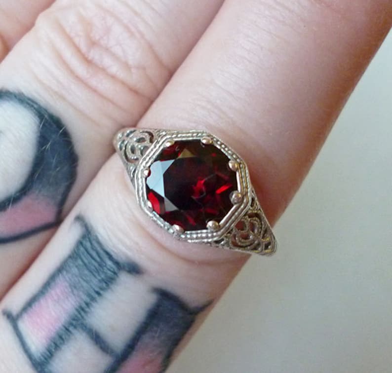 Garnet Solitaire Ring in Sterling Silver Filigree Antique Victorian Edwardian Nouveau Deco Gothic Bohemian Engagement Birthstone Gypsy