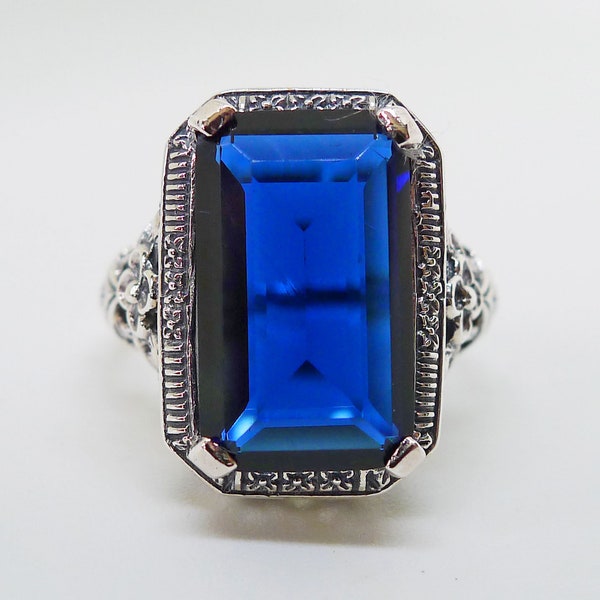 Stunning 9 carat Antique Style Blue Sapphire Ring Sterling Silver Victorian Edwardian Art Nouveau Art Deco Flowers Filigree Boheme Witch