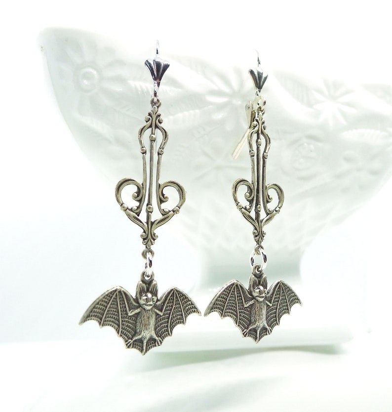 Belfry Bats // Silver Plated Bat Long Drop Hanging Earrings w/ Beautiful Victorian Filigree Gothic Goth Gothcore Witchy Halloween Edwardian image 2