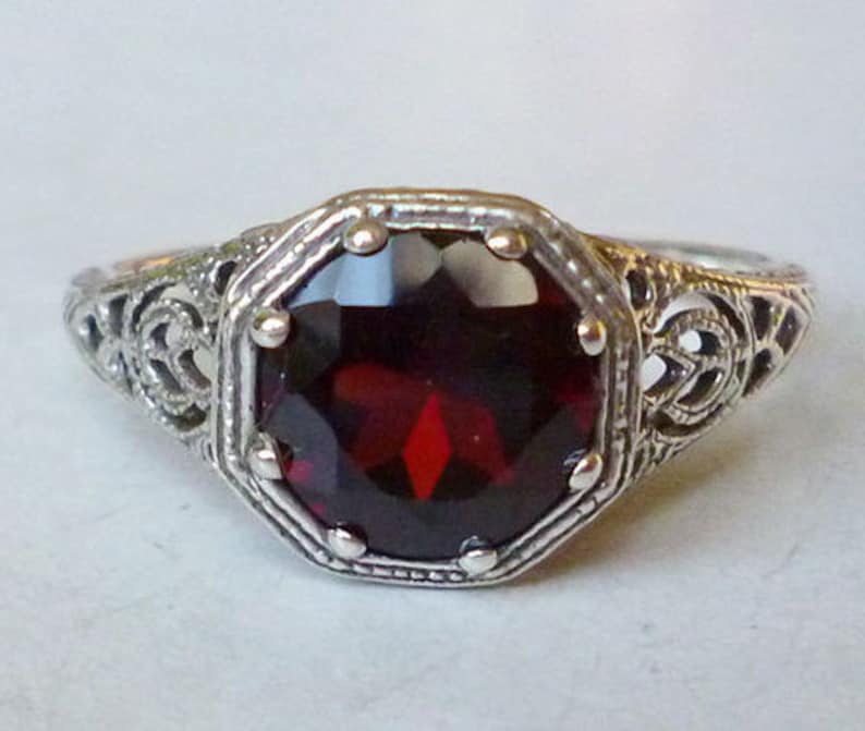 Garnet Solitaire Ring in Sterling Silver Filigree Antique Victorian Edwardian Nouveau Deco Gothic Bohemian Engagement Birthstone Gypsy