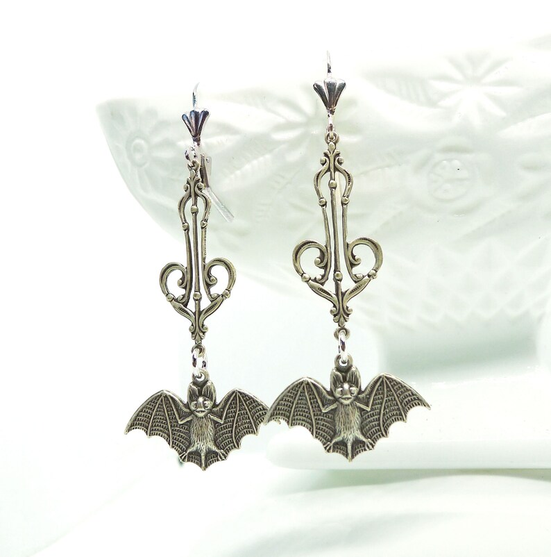 Belfry Bats // Silver Plated Bat Long Drop Hanging Earrings w/ Beautiful Victorian Filigree Gothic Goth Gothcore Witchy Halloween Edwardian image 3