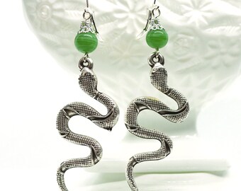 Jade Serpents // Gold Snake Earrings w/ Vintage Green Glass Bead Statement Earrings Gypsy Boheme Witch Witchy Goth Gothic Egyptian Revival