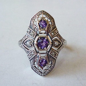 Beautiful Natural Amethyst & Seed Pearl Victorian Style Ring in Sterling Silver Edwardian Art Nouveau Deco Semiprecious Gemstone February