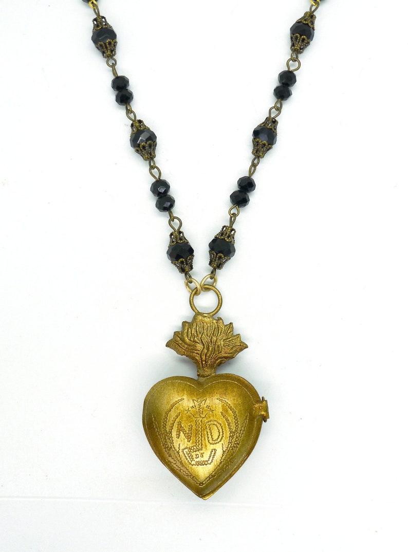 Sacred Heart Locket // Gold Ex Voto Locket Necklace Jet Czech Glass Long Chain Statement Piece Layering Religious Notre Dame Goth Gothic image 3