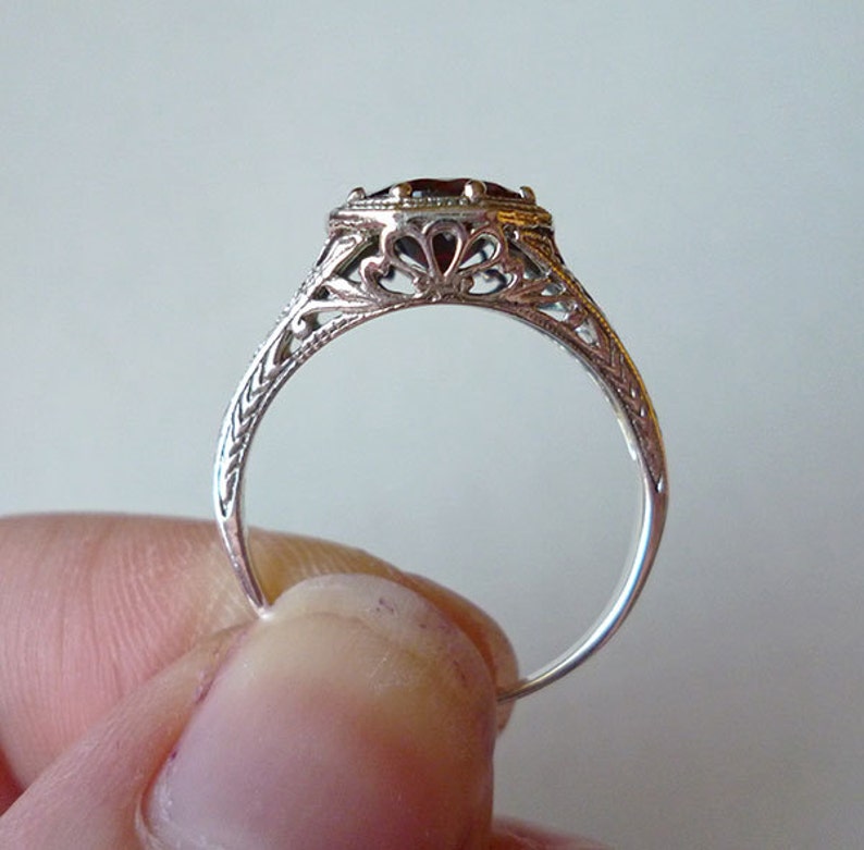 Garnet Solitaire Ring in Sterling Silver Filigree Antique Victorian Edwardian Nouveau Deco Gothic Bohemian Engagement Birthstone Gypsy