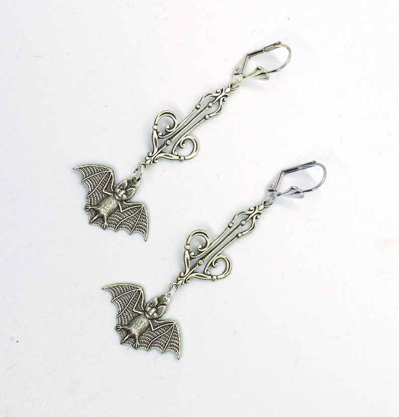Belfry Bats // Silver Plated Bat Long Drop Hanging Earrings w/ Beautiful Victorian Filigree Gothic Goth Gothcore Witchy Halloween Edwardian image 5