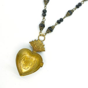 Sacred Heart Locket // Gold Ex Voto Locket Necklace Jet Czech Glass Long Chain Statement Piece Layering Religious Notre Dame Goth Gothic image 2