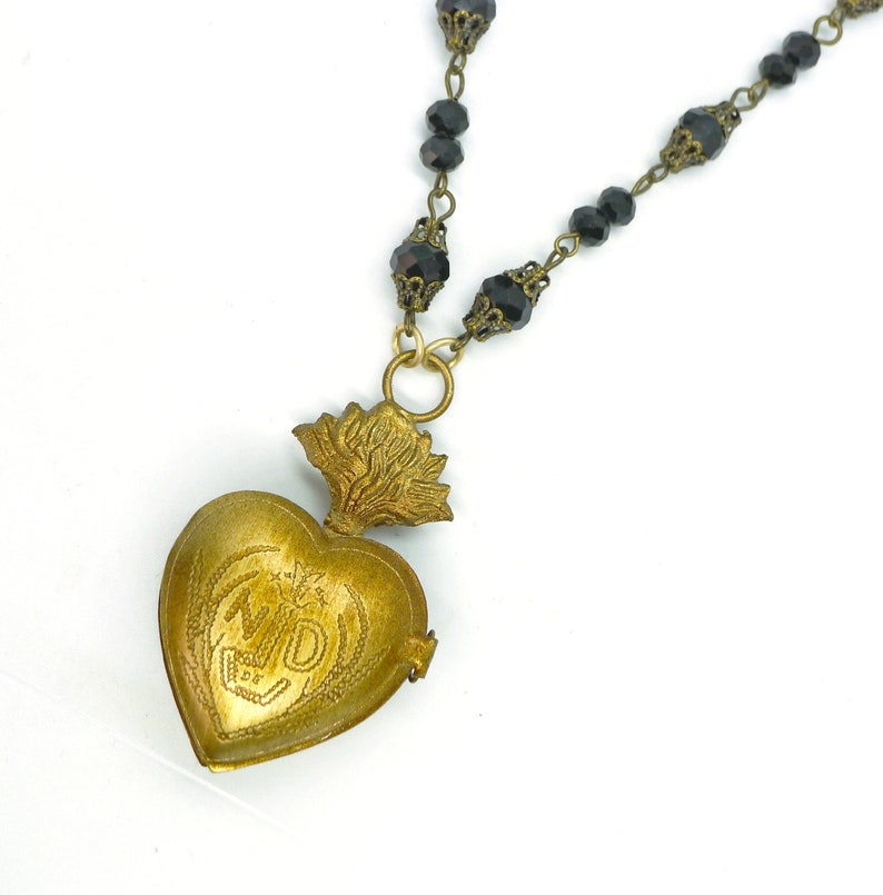 Sacred Heart Locket // Gold Ex Voto Locket Necklace Jet Czech Glass Long Chain Statement Piece Layering Religious Notre Dame Goth Gothic image 2