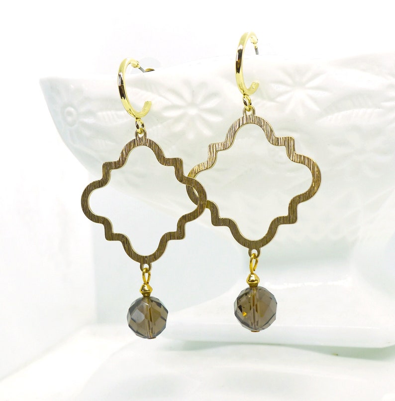 Moroccan Beauties // Brushed Gold Geometric Shapes Earrings Smoky Topaz on Gold Plated Hoops Bohemian Minimalist Fancy Birthstone Statement image 1