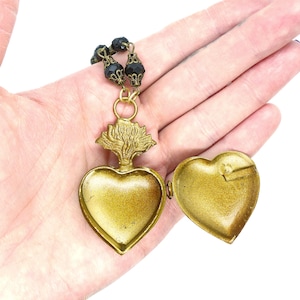 Sacred Heart Locket // Gold Ex Voto Locket Necklace Jet Czech Glass Long Chain Statement Piece Layering Religious Notre Dame Goth Gothic image 8