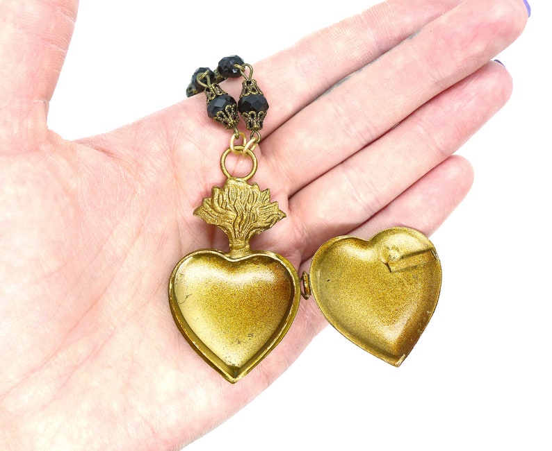 Sacred Heart Locket // Gold Ex Voto Locket Necklace Jet Czech Glass Long Chain Statement Piece Layering Religious Notre Dame Goth Gothic image 8