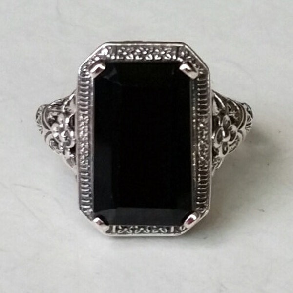 Stunning 9 ct Onyx Gemstone and Sterling Silver Antique Style Ring Victorian Art Nouveau Art Deco Bohemian Boho Mourning Goth Memento Mori