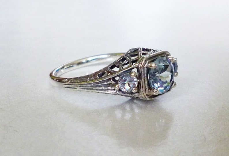 Stunning 3 Stone Natural Aquamarine Ring Sterling Silver Vintage Style Victorian Edwardian Filigree Nouveau Deco Semiprecious Bride March image 1