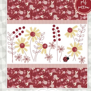 Pode incluir: Um padrão digital PDF para uma colcha com uma joaninha e flores. O padrão é intitulado "Little Ladybug" por "miags & me".
