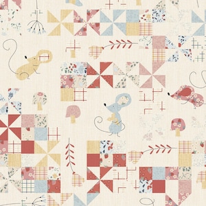 May include: A quilt pattern featuring a whimsical design of mice, mushrooms, and pinwheels in shades of red, blue, and yellow. The pattern is titled "Field Mice" by "Miags & Mi".