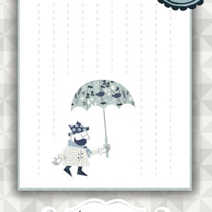 Peut inclure: Illustration fantaisiste d'un personnage sous un parapluie orné de motifs. L'image comprend le texte "Umbrella Guy" et "pdf pattern". Le design est dans des tons de bleu, gris et blanc, avec un fond décoratif.