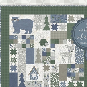 May include: A quilt pattern for machine embroidery featuring a woodland theme with animals, trees, and houses. The pattern is called "Into the Woods" and is by "meags & me".