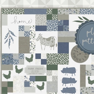 May include: A patchwork quilt with a farmhouse theme. The quilt features squares of blue, green, and white fabric with images of a cow, chickens, pigs, and potted plants. The words "home" and "Farm Fresh Eggs" are also visible.
