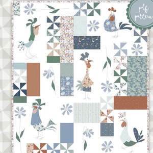Puede incluir: Un patrón de acolchado con un diseño de patchwork con pollos, flores y un molino de viento. El patrón se titula "Chicken Scratch" de "meags & me".