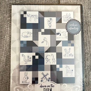 CDROM-Down on the Farm. Machine Embroidery Quilt Pattern.Blue Work Embroidery Farm Animals. image 1