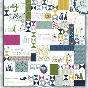 May include: A colorful quilt block pattern with a jungle animal theme. The pattern includes a variety of animals, including a crocodile, alligator, monkey, snake, and iguana. The pattern is titled "Goodbye Block of the Month" and is by "Meags & Me".