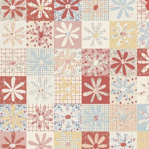 Könnte beinhalten: Ein Quiltmuster mit einem Patchwork-Design aus roten, rosa, gelben und blauen Gänseblümchen auf weißem Hintergrund. Das Muster heißt "Lazy Daisy" von Meags & Me und ist als PDF-Download erhältlich.