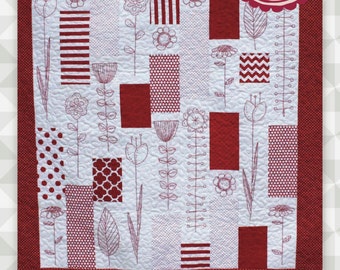 Instant Download: Madeline-  A redwork quilt. Floral. Red embroidery. Lap Quilt. Stitchery. Hand Embroidery.