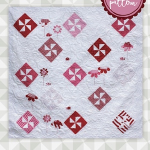 Instant Download: DoodleBug- an applique and pieced quilt pattern. Pinwheel quilt. Ladybug quilt pattern. Baby girl quilt tutorial.