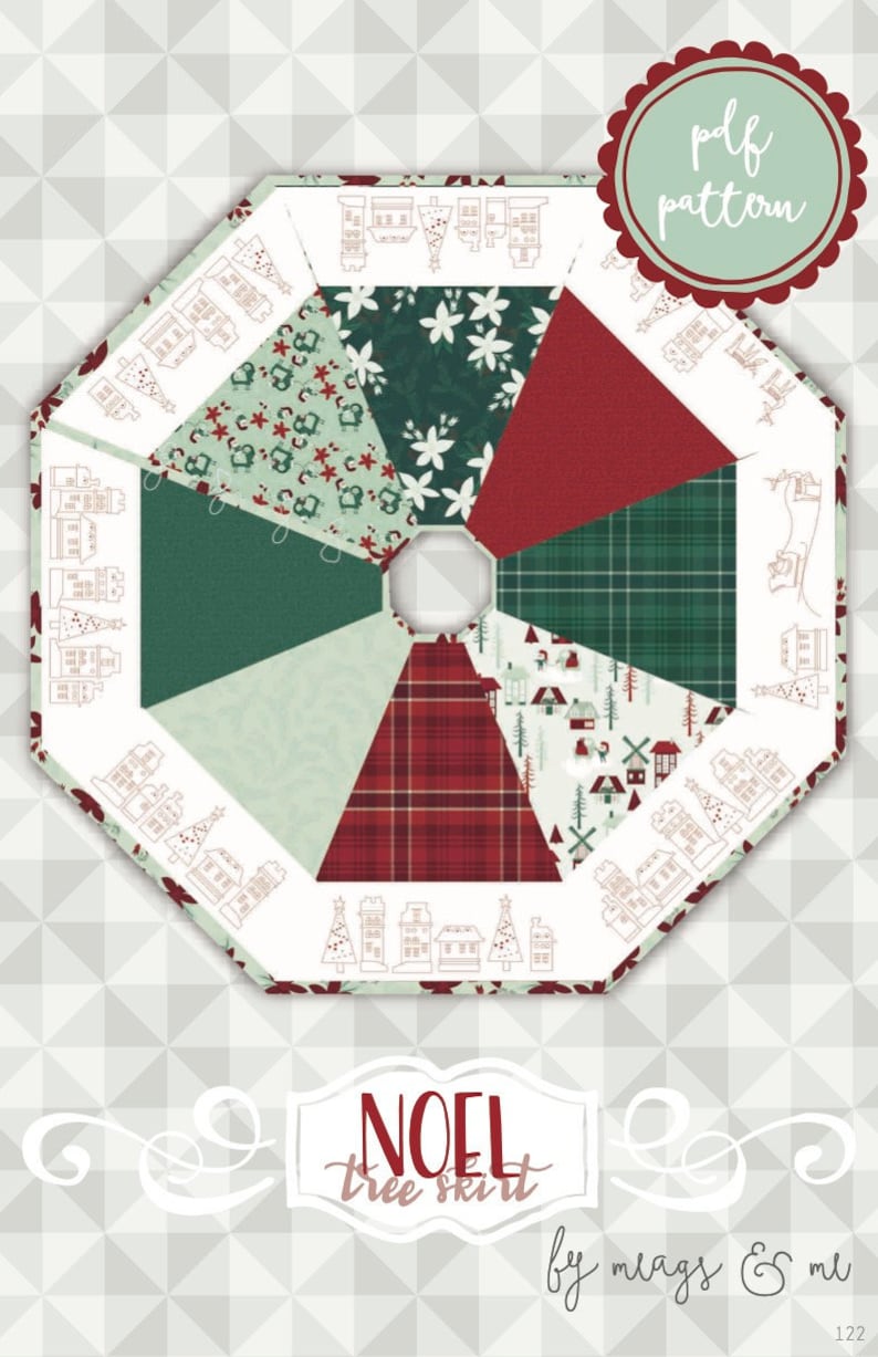 May include: A PDF pattern for a Christmas tree skirt with a red, green, and white plaid design. The pattern is called "Noel Tree Skirt" by Meags & Me.