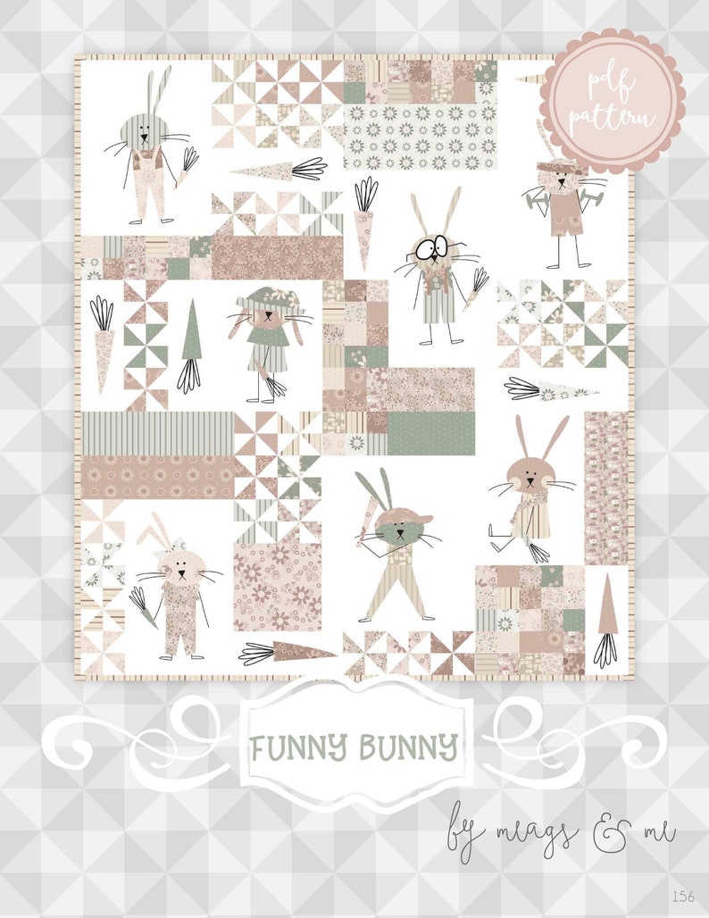 May include: A patchwork quilt featuring cartoon bunnies and carrots in shades of pink, green, and beige. The quilt has a whimsical design with the words "Funny Bunny" and "pdf pattern" on the image.