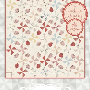 May include: A digital download pattern for machine embroidery featuring a quilt design with a strawberry and windmill motif. The pattern is titled "Strawberry Fields" and is by meags & me.