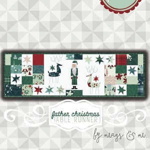 Może przedstawiać: Wzór PDF na bieżnik stołowy o nazwie "Święty Mikołaj" autorstwa Miags & Me. Projekt zawiera patchwork w kolorze czerwonym, zielonym i białym z Mikołajem, reniferami i gwiazdami.