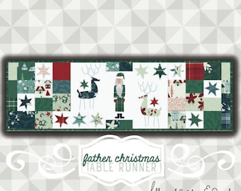 May include: A PDF pattern for a table runner called "Father Christmas" by Miags & Me. The design features a red, green, and white patchwork pattern with a Santa Claus, reindeer, and stars.
