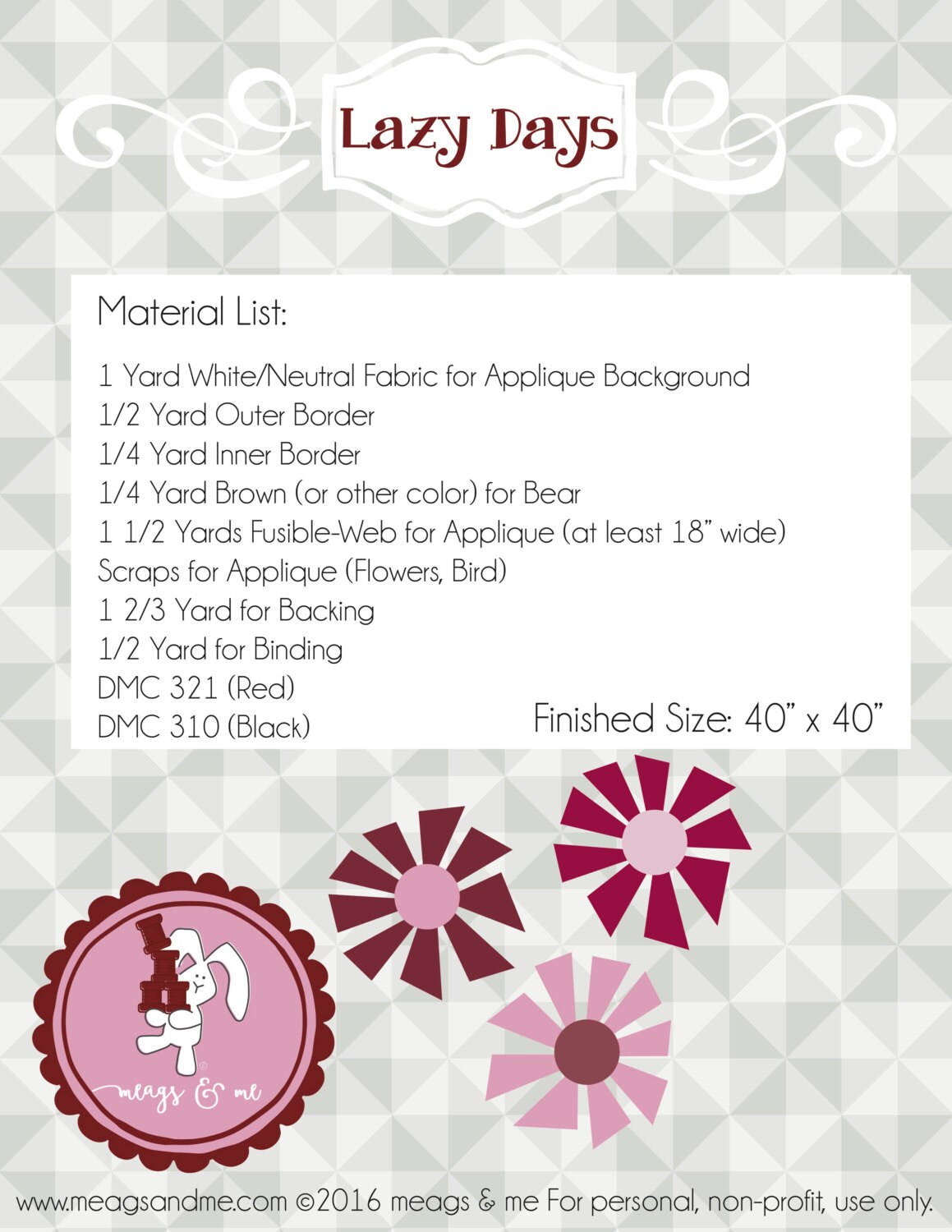 Instant Download Lazy Days Quilt Pattern Panel Quilt Bear and Flower