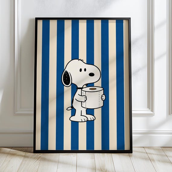 Snoopy Toilet Paper Poster | Funny Cute Dog Bathroom Wall Art | Blue Stripe Minimalist Restroom Home Decor Gift Print