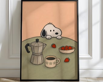 Snoopy Coffee Strawberry Poster | Cute Dog Moka Pot Peach Green Wall Art | Cozy Morning Kitchen Living Room Home Decor Gift Print